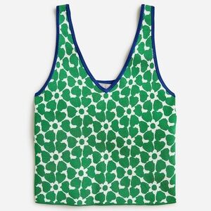 NWT J.Crew FITTED Green and White Floral JACQUARD Knit Tank with Blue Trim. M
